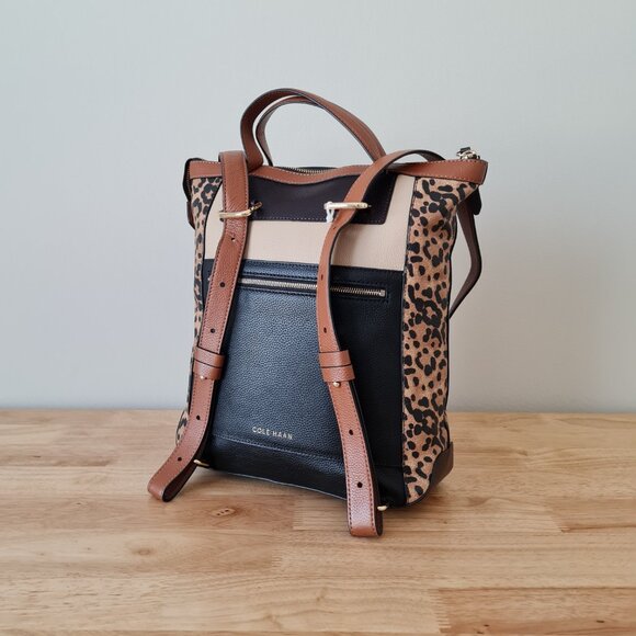Cole Haan Leopard Cheetah Brown Convertible Backpack Leather Black Brown Beige - Picture 6 of 14